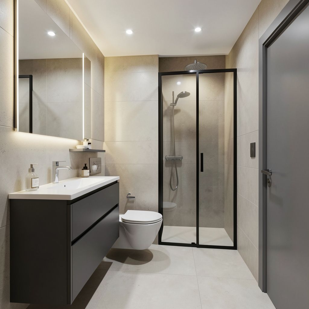 Professional bathroom remodel in San Jose CA features sleek modern design with neutral tones and recessed ceiling lighting