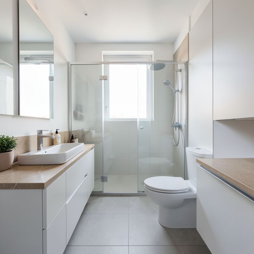 Professional bathroom remodel in Fremont Alameda County features a sleek, modern bathroom with white walls, light gray tiles, and a warm beige vanity.
