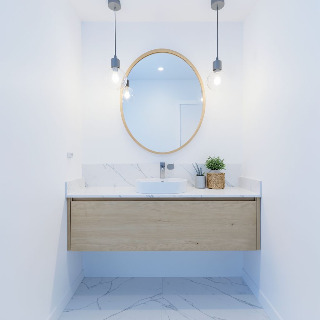 Bathroom remodel in Hayward Alameda County features a modern white vanity with marble countertop and sleek gray faucet under bright pendant lights.