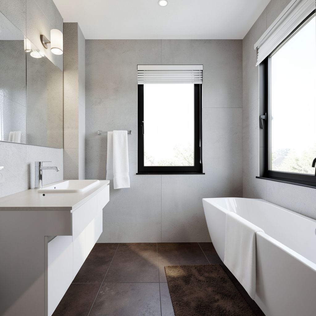 Professional bathroom remodel in Milpitas Santa Clara County features a sleek, modern design with white fixtures, gray walls, and dark brown tiles.