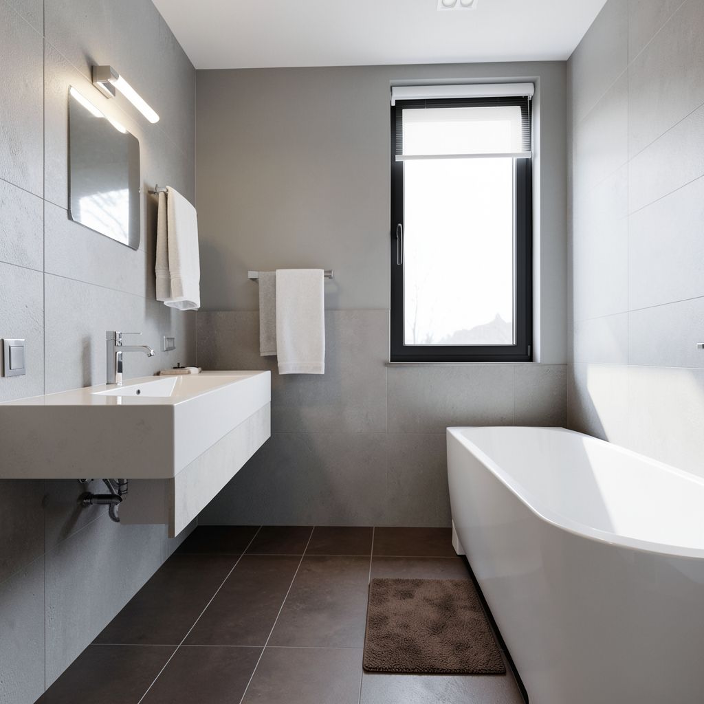 Professional bathroom remodel in Mountain View Santa Clara County features a sleek, modern design with white ceramic fixtures and neutral tones.