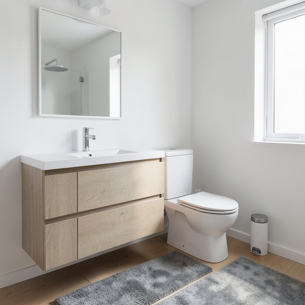 A bathroom remodel in San Jose Santa Clara County features a modern vanity against the wall with a sleek sink and white fixtures under a large mirror