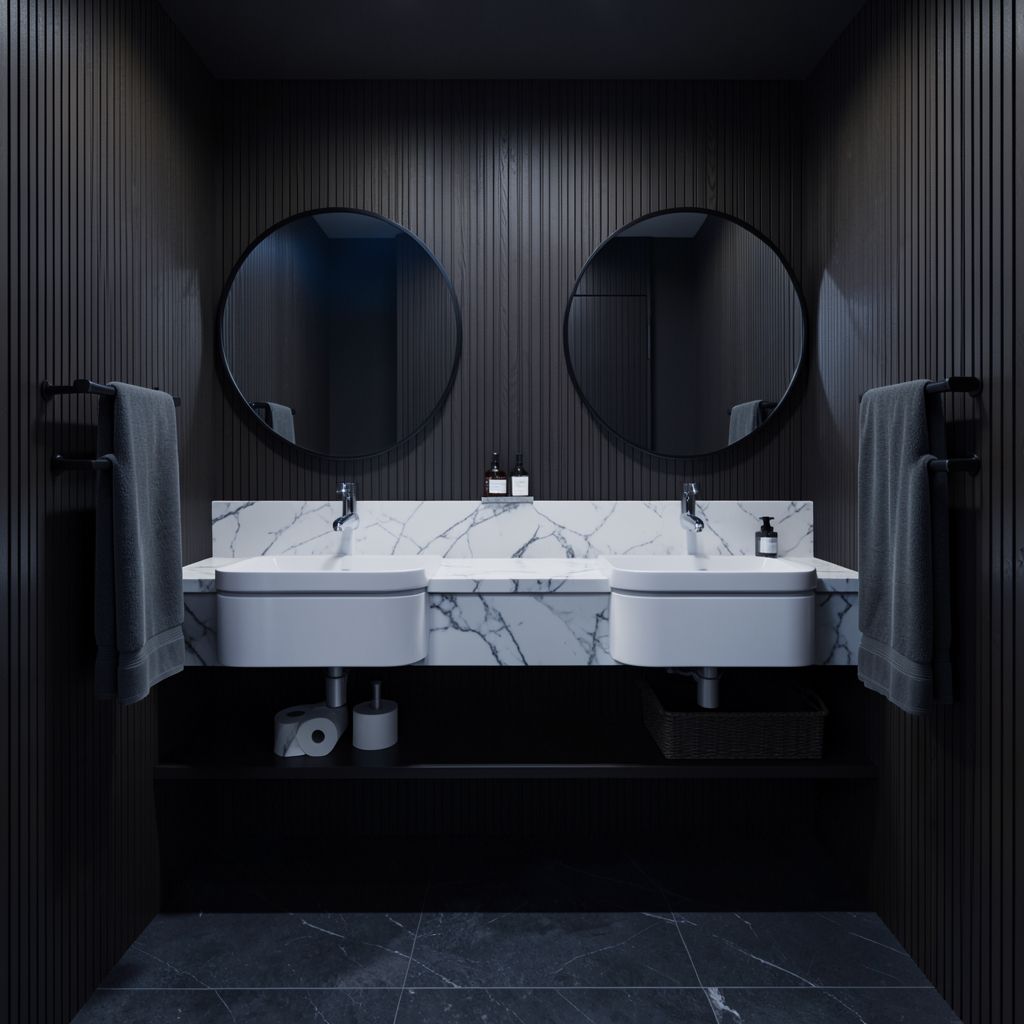 A bathroom remodel in Santa Clara showcases a sleek, dark moody design with black walls, white marble countertops, and modern fixtures.