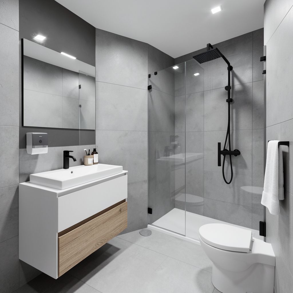 Professional bathroom remodel in Sunnyvale Santa Clara County features a sleek modern bathroom with gray walls, white vanity, and minimalist design.