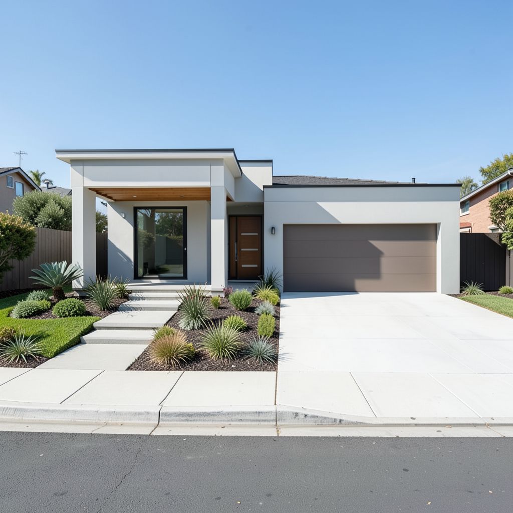 Custom home build featuring a two-story design with unique roofline oversized windows and wide paver driveway in San Jose CA