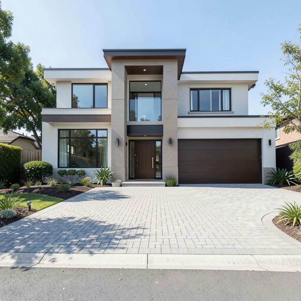 Custom home build in Fremont Alameda County featuring a two-story design with unique roofline oversized windows and wide paver driveway