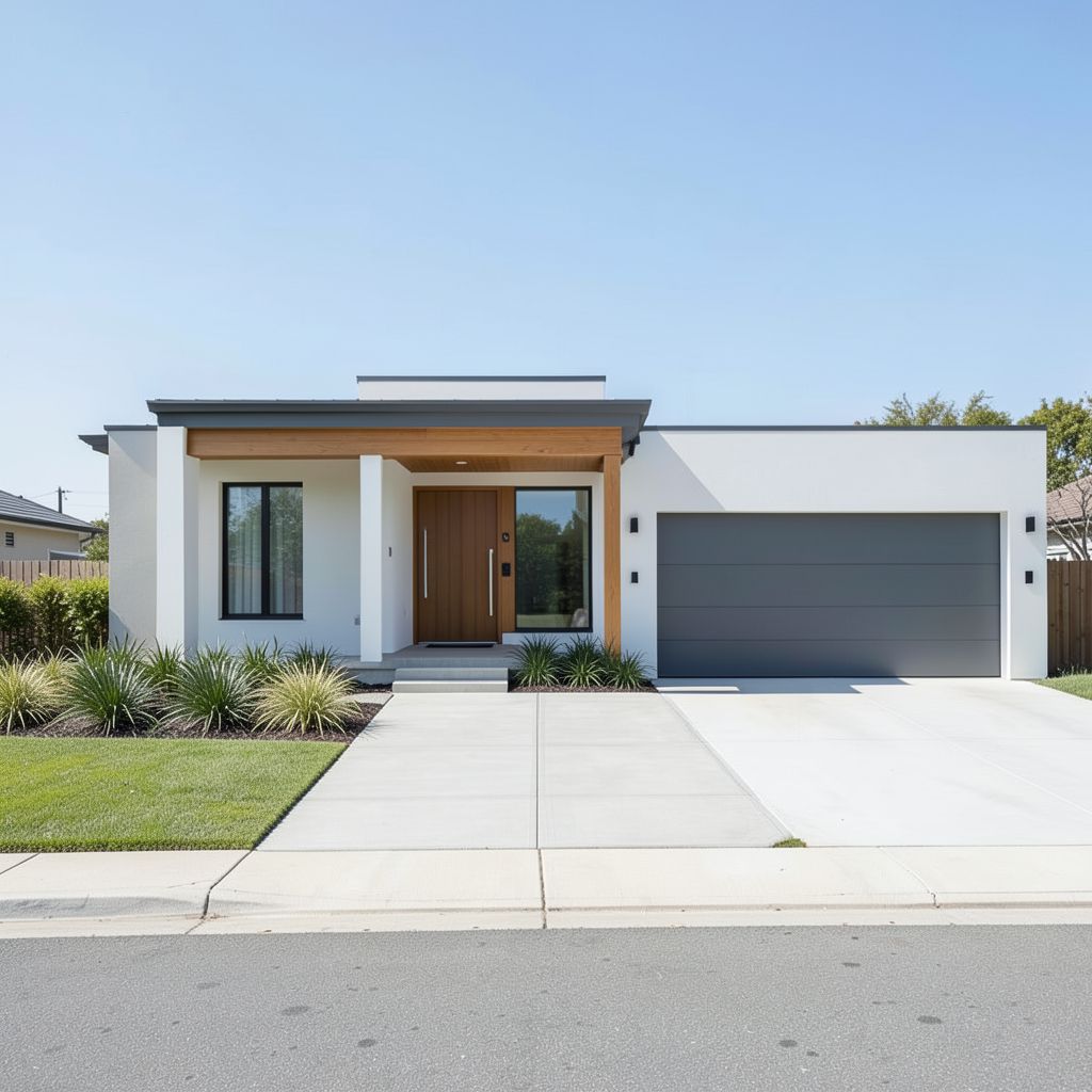 Custom home build featuring a two-story design with unique roofline oversized windows and wide paver driveway in Hayward Alameda County