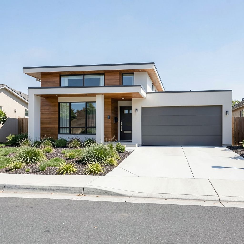 Custom home build in Milpitas Santa Clara County features a modern single-story with clean lines and premium mixed-material facade ready for first occupants