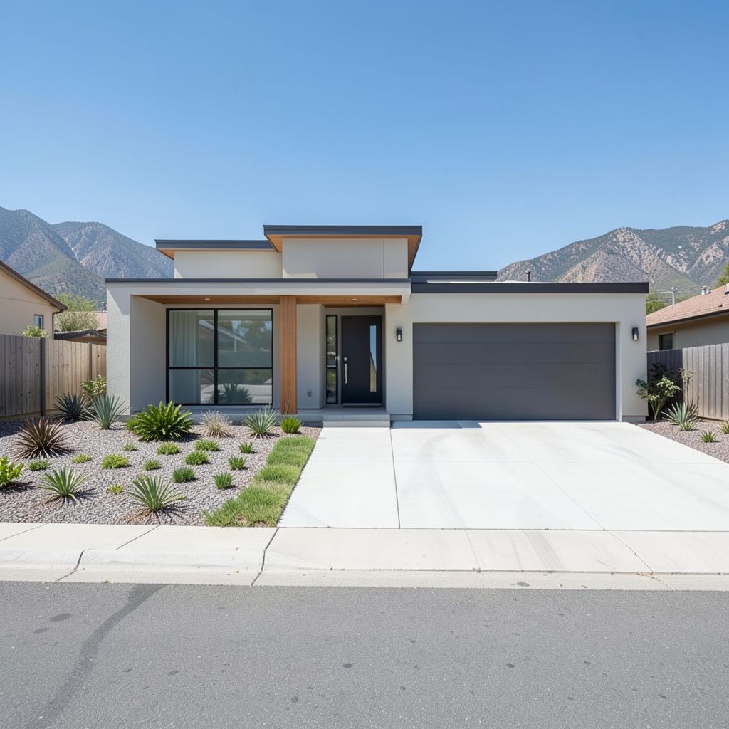 Custom home build in Mountain View Santa Clara featuring a modern single-story with clean lines wide front porch and low-maintenance landscaping