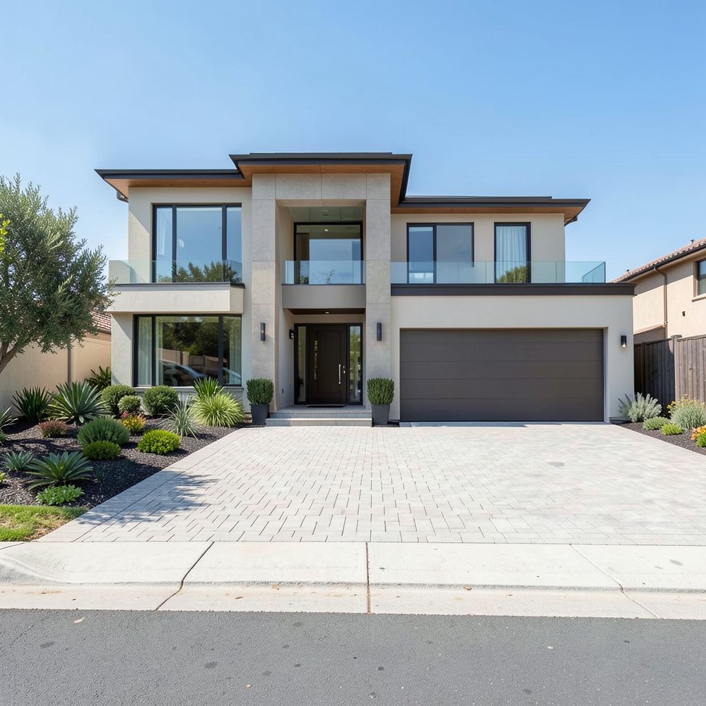 Custom home build in San Jose Santa Clara featuring a modern single-story with geometric lines wide porch and low-maintenance landscaping