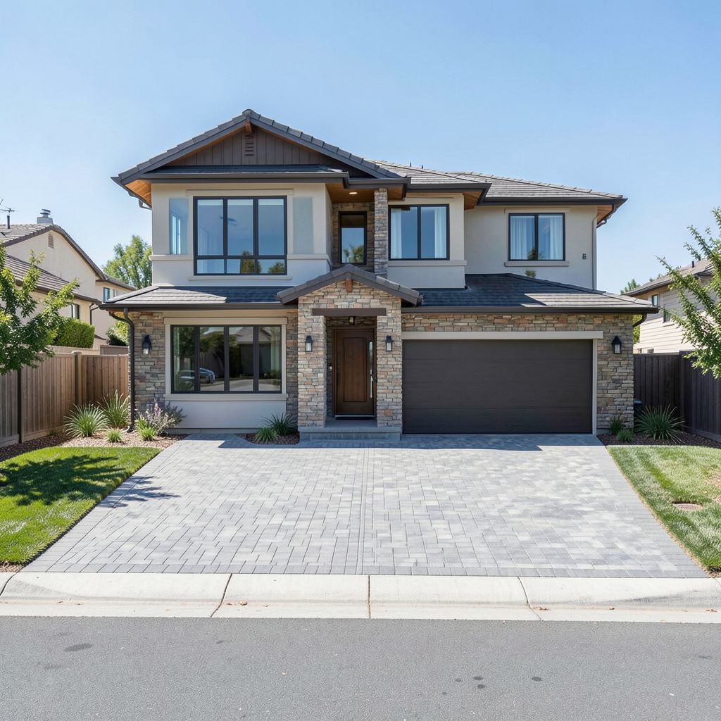 Custom home build featuring a two-story design with unique roofline oversized windows and wide paver driveway in Santa Clara County