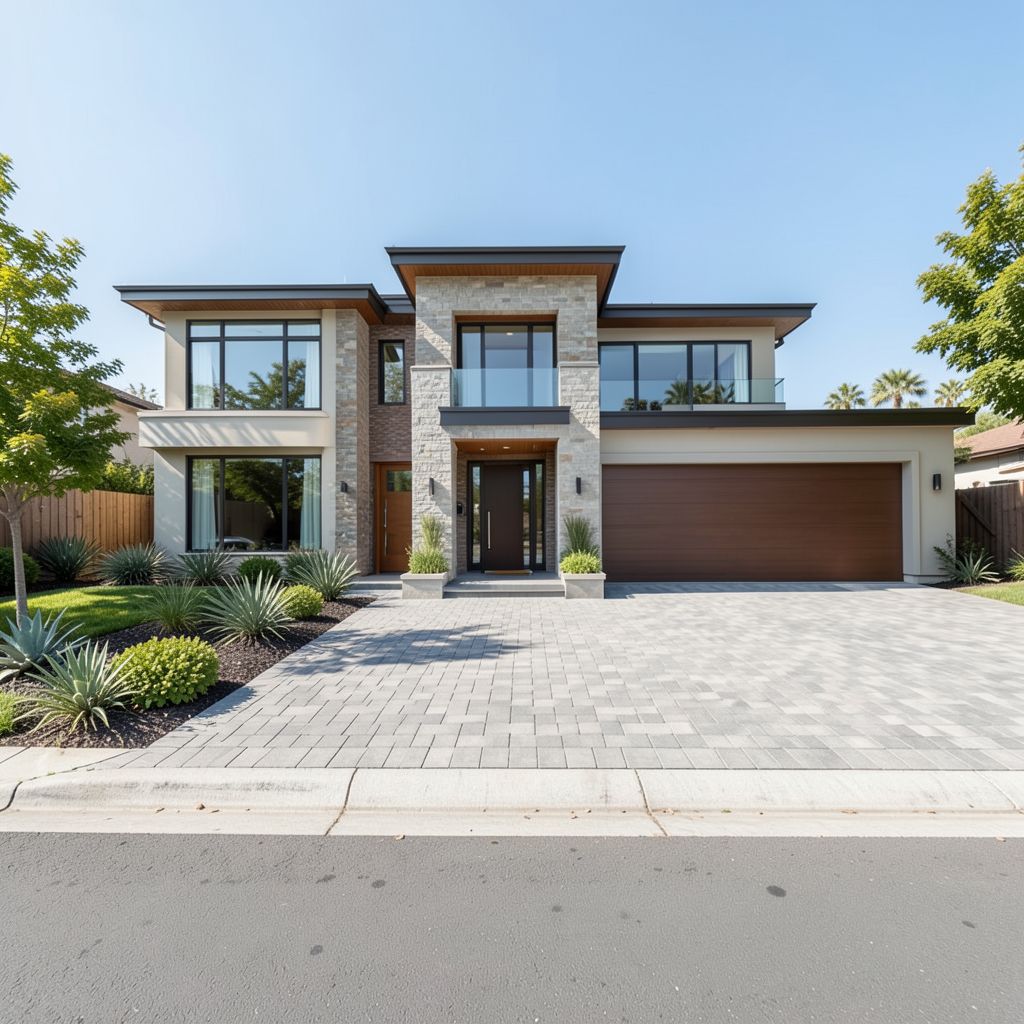 Custom home build in Sunnyvale Santa Clara County features a two-story design with unique roofline oversized windows and wide paver driveway