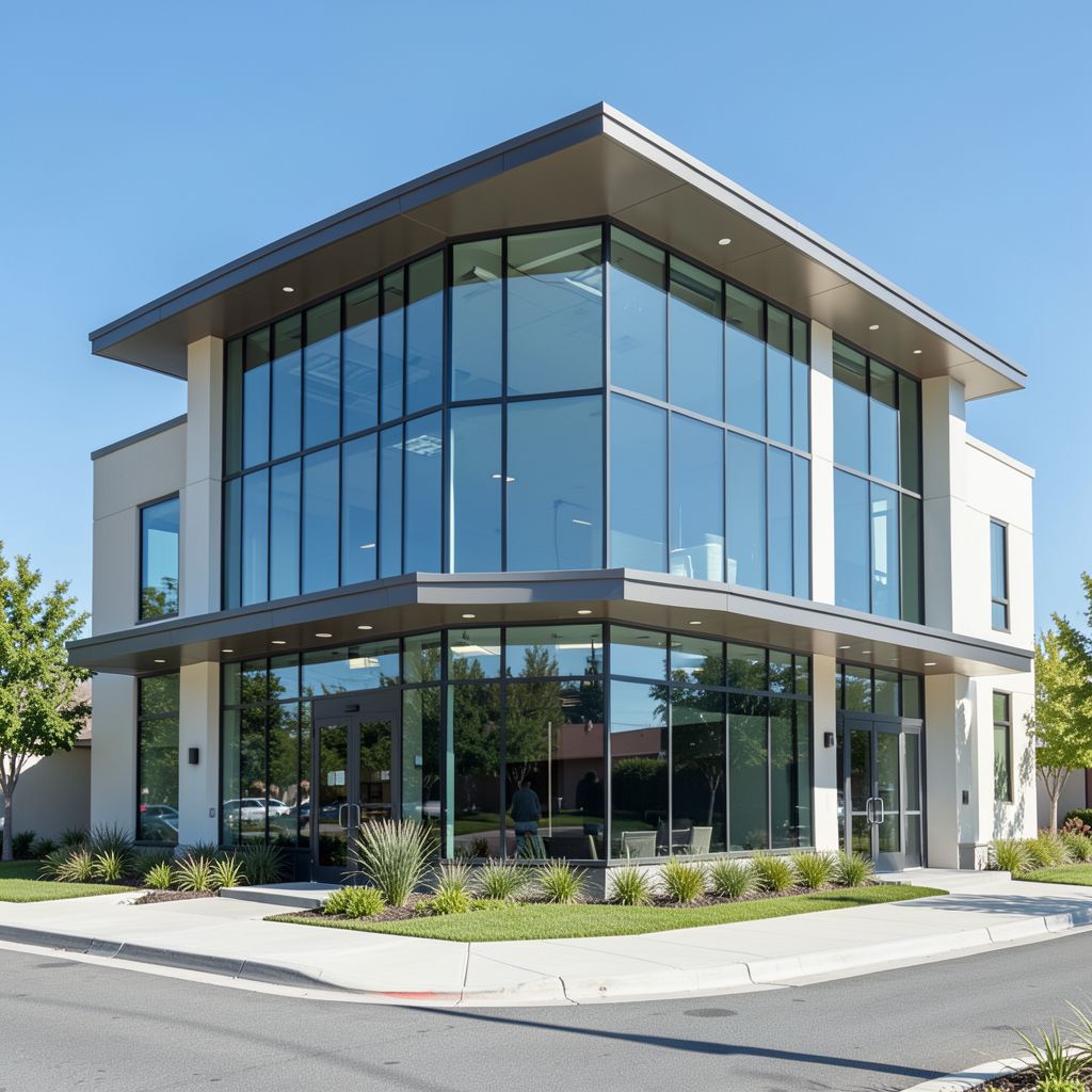 General contracting work underway on an upscale contemporary commercial building with floor-to-ceiling glass and premium stone facade in San Jose CA