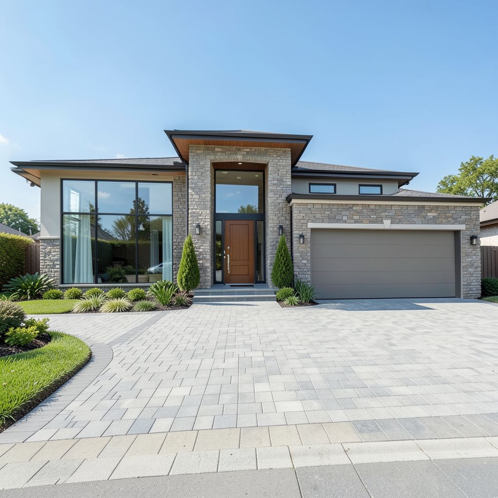 General contracting work on a stunning two-story modern home in Hayward Alameda County showcasing a wide paver driveway and fresh facade finish
