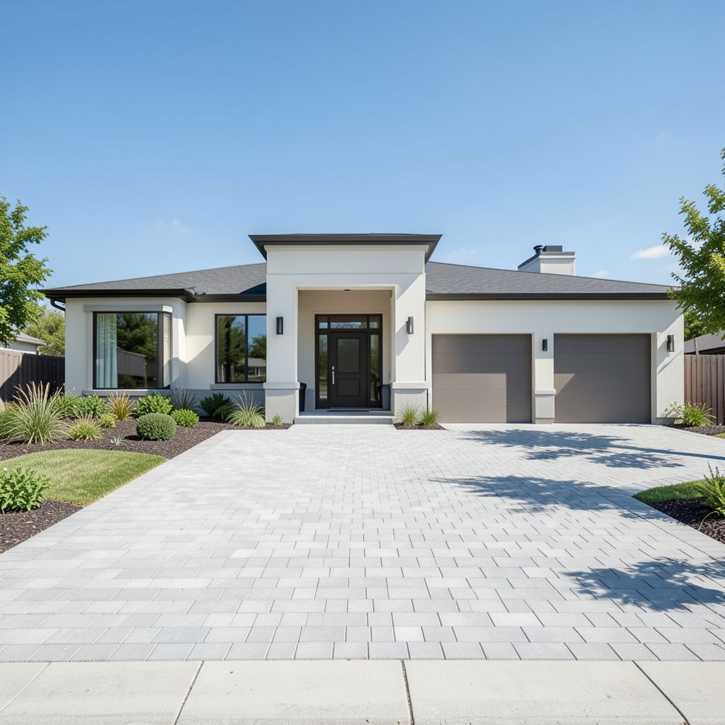 General contracting work on a stunning two-story modern home in Milpitas Santa Clara County featuring a wide paver driveway premium stone and glass facade and impeccable craftsmanship