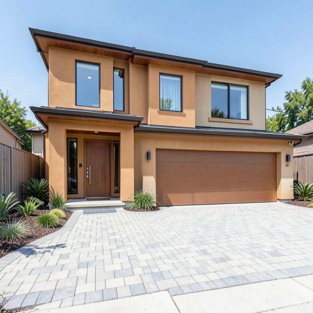 General contracting work on a stunning two-story modern home in Mountain View Santa Clara County featuring a premium stone and glass facade with a wide paver driveway and well-maintained landscaping