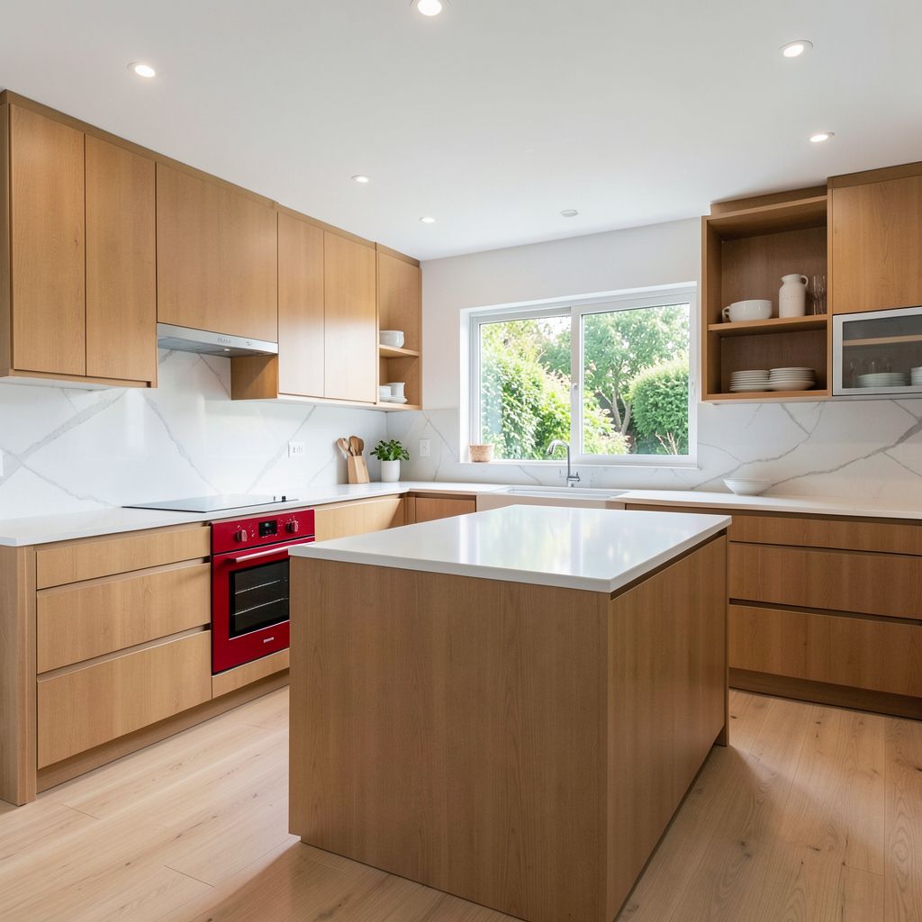 A general contracting team installs a sleek modern kitchen in San Jose Santa Clara County featuring a white quartz island, red oven, and large window above the sink.