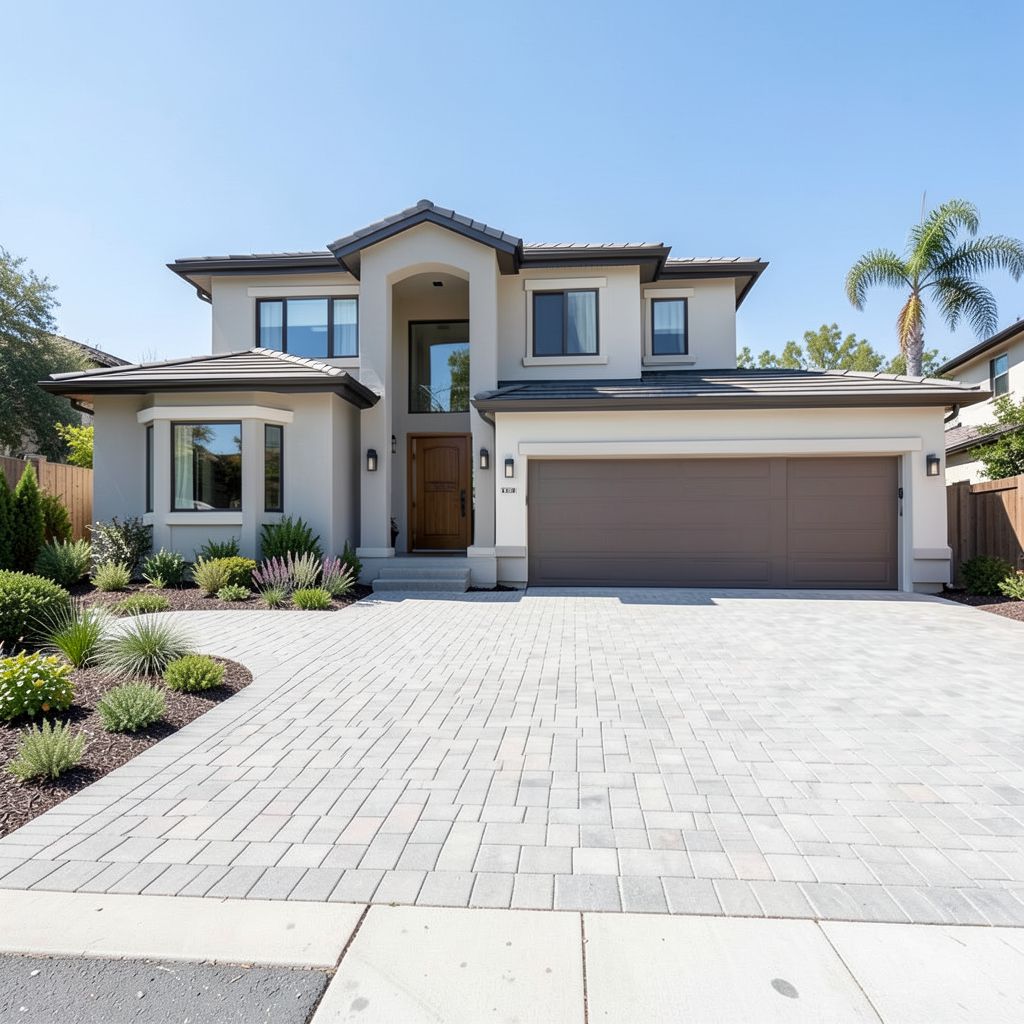 A general contracting team finishes the warm-toned facade of a luxury single-story home in Santa Clara with impeccable curb appeal