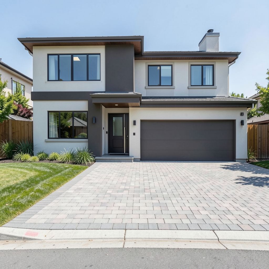 Home remodeling project in San Jose CA features a two-story home with new facade wide paver driveway and updated exterior finishes