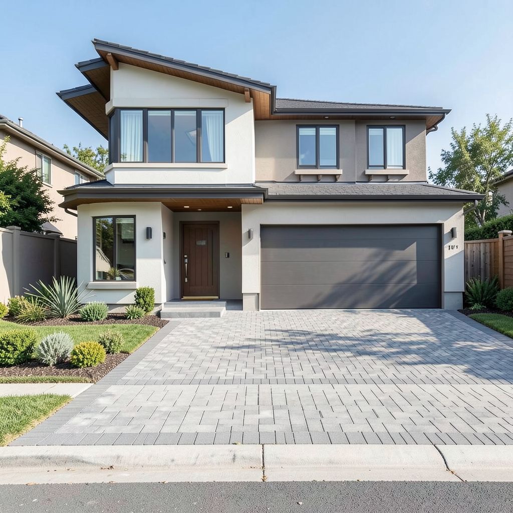 Home remodeling underway on a two-story home in Fremont Alameda County with new facade and wide paver driveway