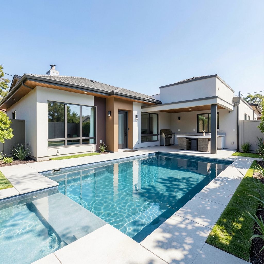Home remodeling experts transform a modern ranch-style home in Hayward Alameda County with a resort-style pool outdoor kitchen and patio new facade and windows