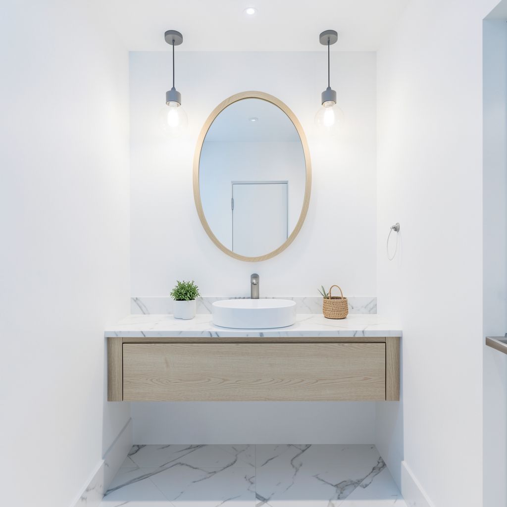 Modern bathroom home remodeling in Milpitas Santa Clara County features a sleek white vanity with marble countertop and minimalist fixtures