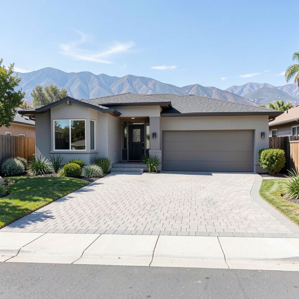 Home remodeling in Mountain View Santa Clara County transforms single-story home with new energy-efficient windows wide paver driveway and contemporary front door