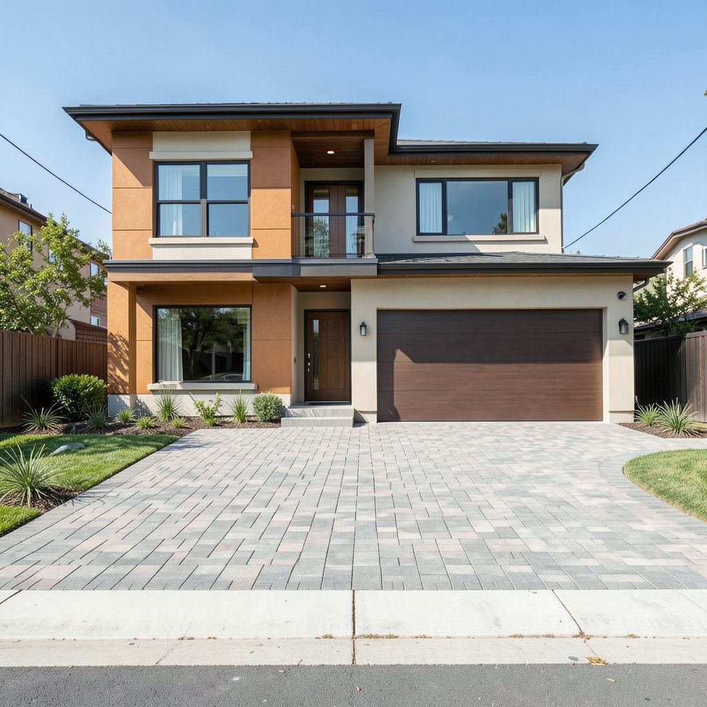 Home remodeling expert transforms single-story home in San Jose Santa Clara County with new front exterior wide paver driveway attractive landscaping bold accent wall energy-efficient windows and contemporary front door