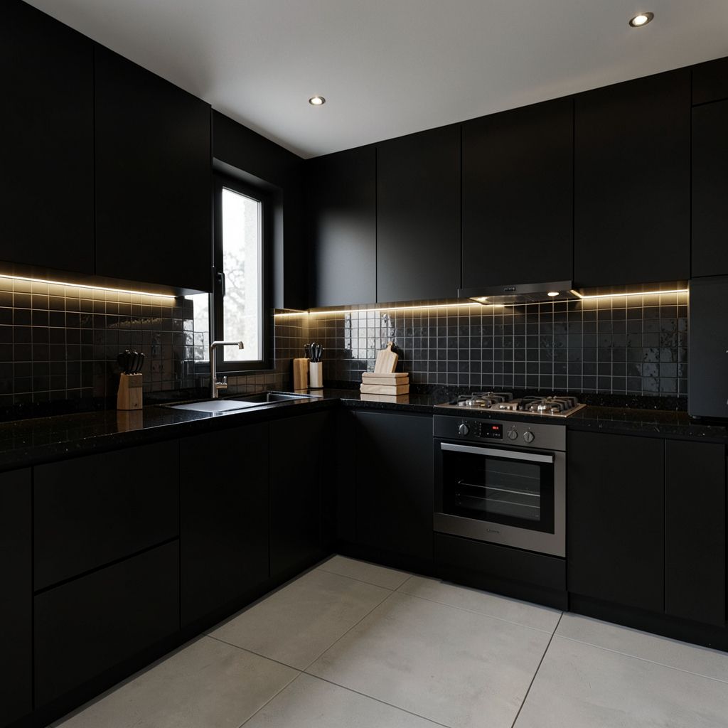 Modern kitchen remodel in San Jose CA featuring sleek black cabinets and a minimalist design