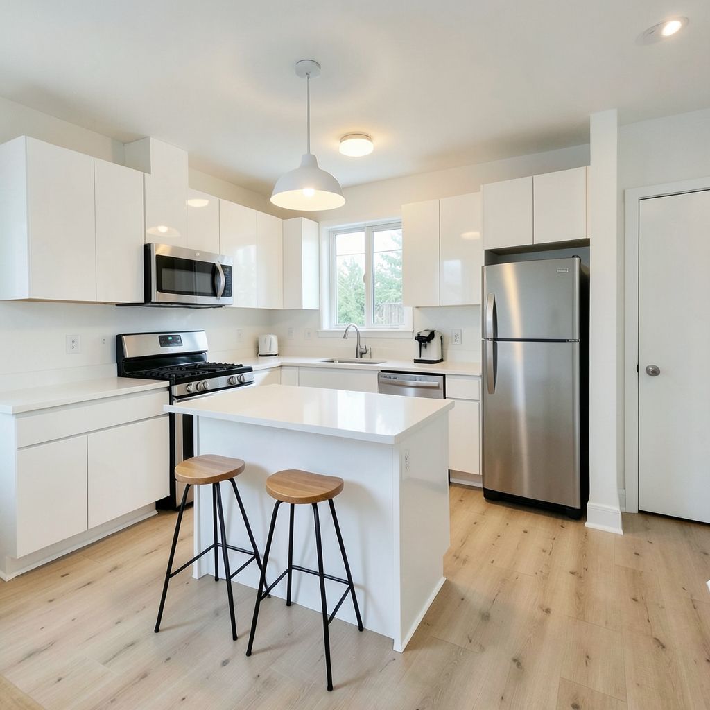 A kitchen remodel in Fremont Alameda County features a modern white cabinetry and countertop with light wood flooring and stainless steel appliances.