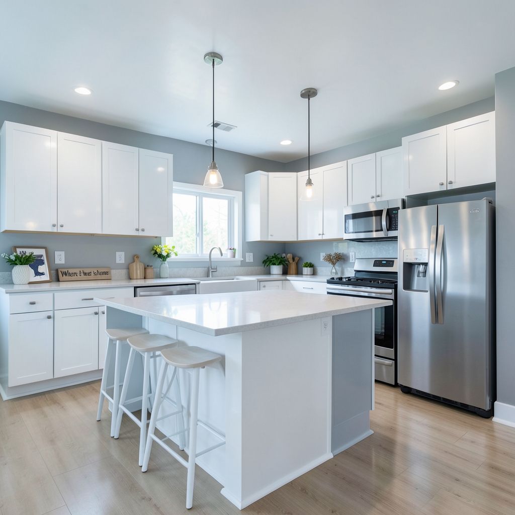 Professional kitchen remodel in Hayward Alameda County features a modern white and gray kitchen with a sleek island, pendant lighting, and minimalist design.
