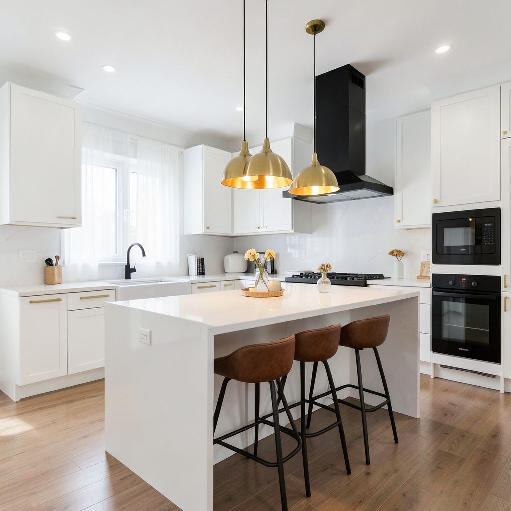 Professional kitchen remodel in Milpitas Santa Clara County features a sleek white kitchen with gold accents and a modern island.