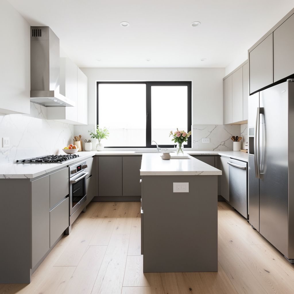 Professional kitchen remodel in Mountain View Santa Clara County features sleek white quartz countertops and modern gray cabinets beneath large windows.
