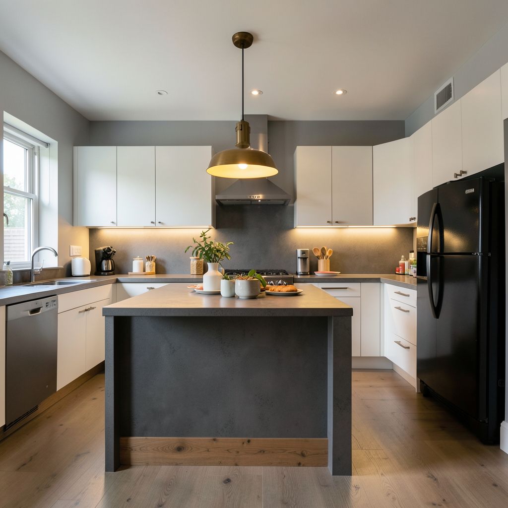 Professional kitchen remodel in San Jose Santa Clara County features a modern industrial-style kitchen with a central large island and warm lighting setup.