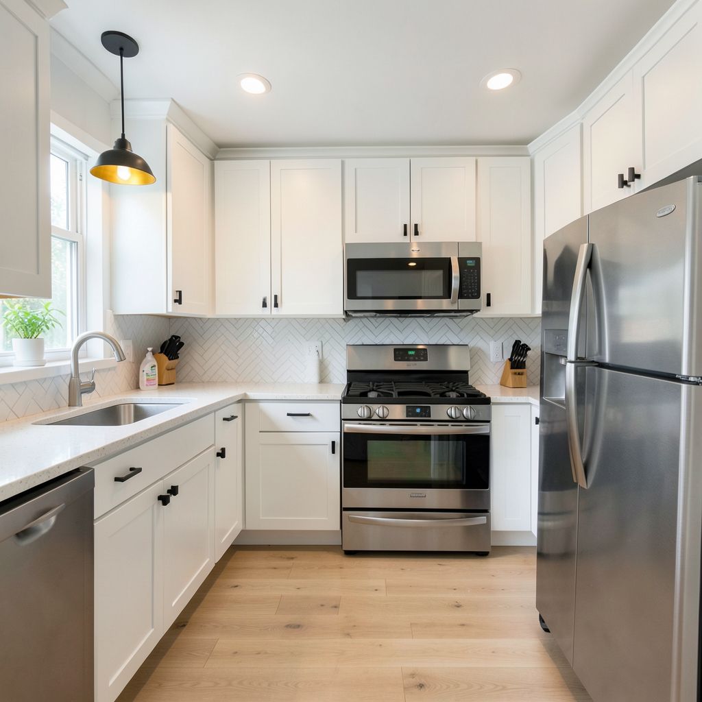 A kitchen remodel in Santa Clara features white cabinets, stainless steel appliances, and a light wood floor with a modern minimalist design.