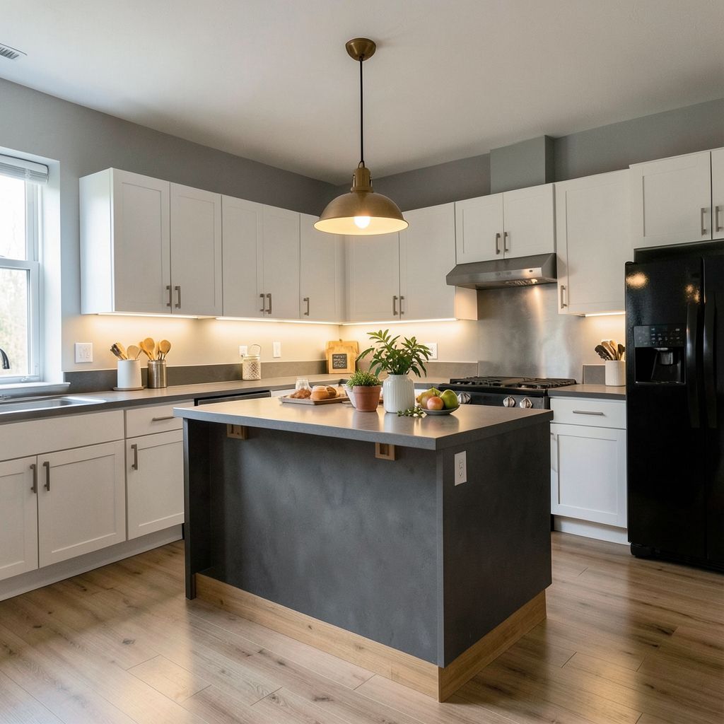 A modern kitchen remodel in Sunnyvale Santa Clara County features a central island with dark gray countertop and warm wood base surrounded by white cabinets and stainless steel appliances.