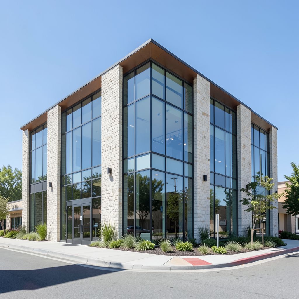 General contracting work on a sleek contemporary commercial building with floor-to-ceiling glass and premium stone facade in San Jose CA